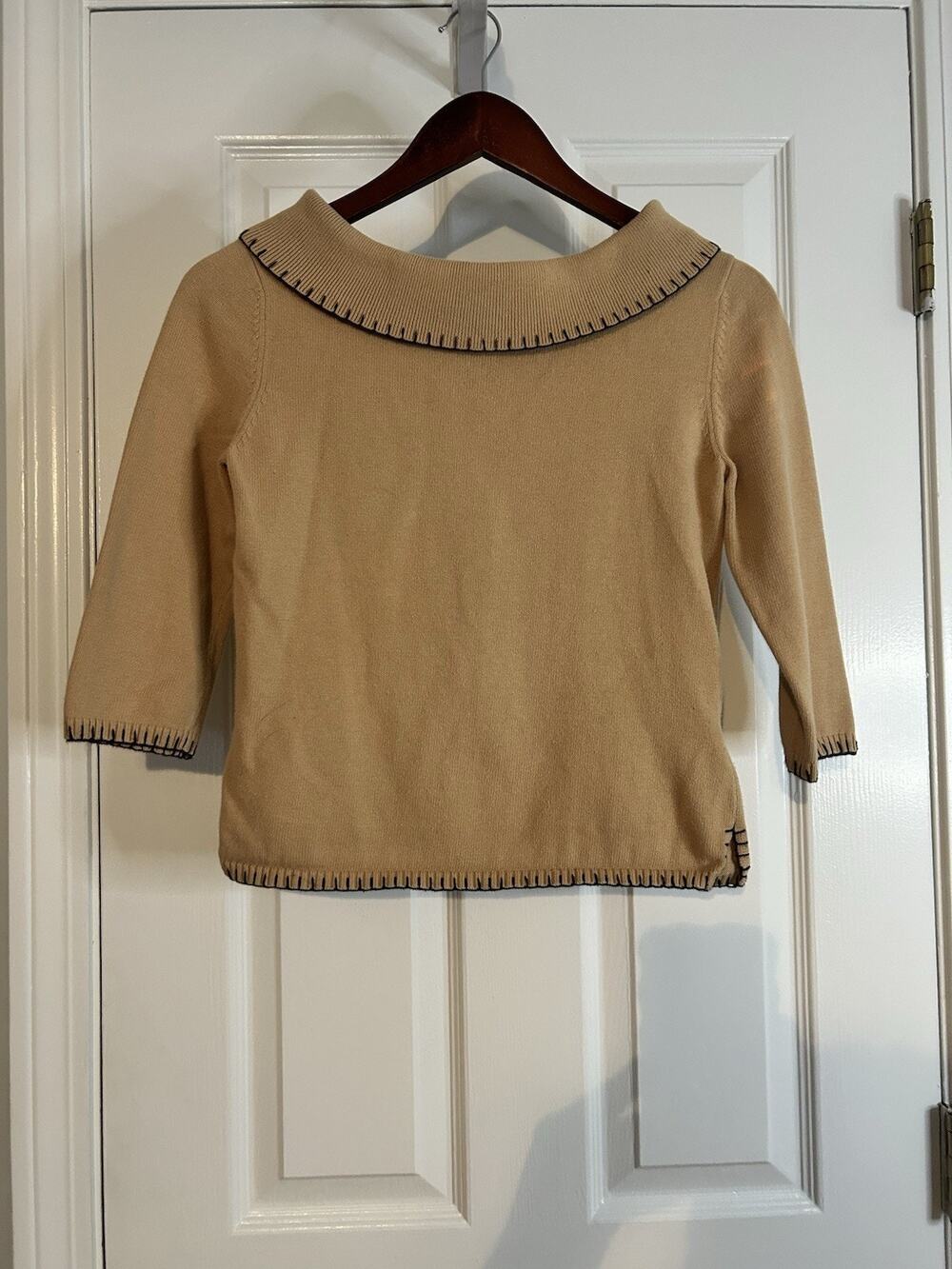 Rafaella Womens MP Tan Cotton Boatneck Sweater Contrast Stitch 3/4 Sleeve
